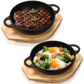 Jingmore 2 Sets Mini Cast Iron Skillet with Wooden Base Mini Cast Iron Sizzler Plates Skillet Mini Cast Iron Pan Round Fajita Plate Hot Steak Skillet Dish for Baking Cooking (6.1 Inch)