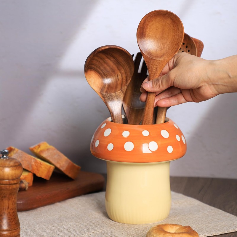 Bicuzat Mushroom Shaped Ceramic Kitchen Utensil Holder, Large Cooking Utensil