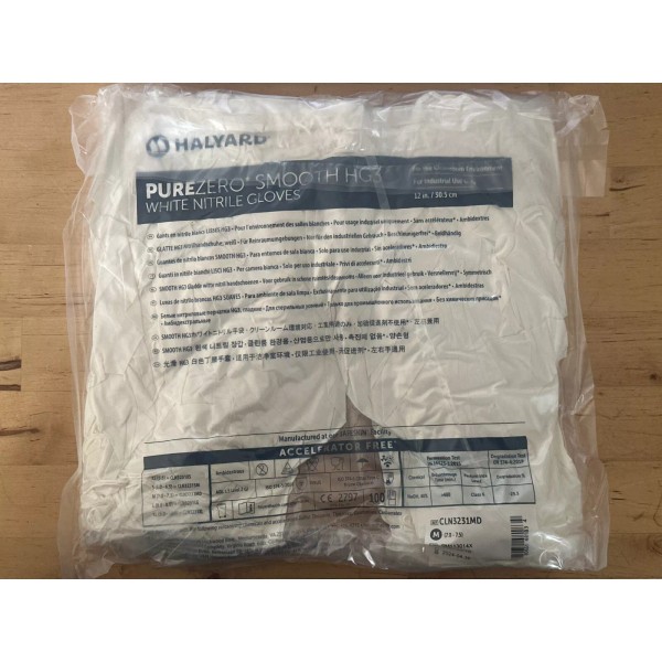 Halyard 100x HALYARD PUREZERO SMOOTH HG3 WHITE NITRILE GLOVES MEDIUM