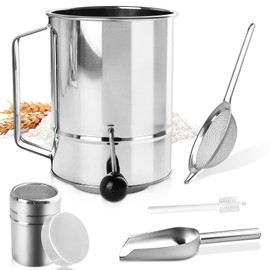 Elesunory 5 Cup Stainless Steel Flour Sifter, 4 in 1 Baking Sifter with Powder Sugar Shaker Duster, Strainers Fine Mesh and Metal Scoop, Fine Sifter for Baking Cakes, Pies, Cupcakes, Desserts