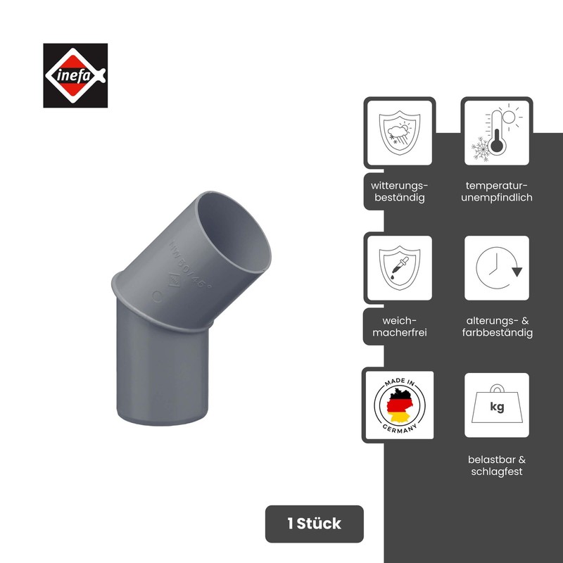 INEFA Rain Pipe Elbow 45 Degrees for Downpipe, PVC DN