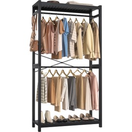 Homykic Bamboo Clothes Rack with Shelves and Double Hang Rods, Portable Closet System Garment Rack for Hanging Clothes, 34”W x 79”H Clothing Rack Organizer for Walk In Closet Corner Laundry, Black