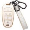 Costusn for Hyundai Key Fob Cover with Leather Keychain Soft TPU Full Protection Key Case Shell Holder Compatible with 2024 2023 2022 2021 Sonata Santa fe Tucson 5 Button, A-White