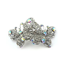 Women's Rhinestone Dual Butterfly Barrette Clip Hair Pin Antique Silver IMB2127, Clear