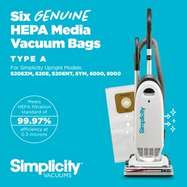 Simplicity Vacuums SAH-6 Certified Hepa Vacuum Replacement Bags, Fits with S20EZM Allergy Upright Vacuum Cleaner, Symmetry and 6 Series, Type A Bags, 6-pack Set