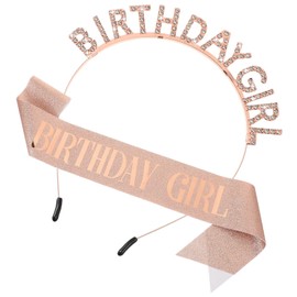 ValueBargain Birthday Headband Girl, Glitter Happy Birthday Girl Headband Tiara Crown & Sash with Rhinestones for Girls, Women (Rose Gold)