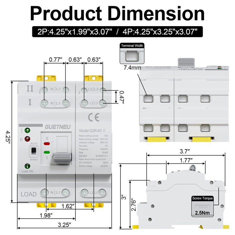 ATS Dual Power Automatic Transfer Switch, 4P 63A 220V Manual
