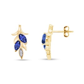 Marquise Cut Simulated Blue Sapphire & White Natural Diamond Accent Wheat Leaf Drop Earrings for women In 14K Yellow Gold Over Sterling Silver