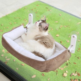 Zakkart Foldable Cat Hammock for Window with Bolster - Cordless, Three-Side Bolstered Machine Washable Fluffy Bed, Robust Metal Frame - Cat Window Perch for Large Cats and Kittens - Brown/White
