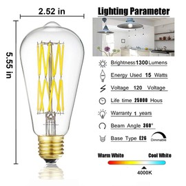 LEOOLS Vintage LED Edison Dimmable 15W Led Filament Light Bulbs ST64 1300 Lumen 4000K Daylight White 100-120 Watt Equivalent,E26 Base Decorative Antique Lamp for Home Bathroom Bedroom 4 Pack