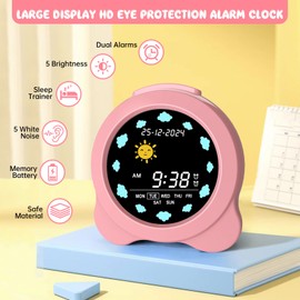 Kids Alarm Clock, Sun & Moon LED Display with Day & Date, Children's Sleep Trainer with Night Light & Sleep Sounds, Cute Wake Up Clock for Kids Bedroom, Easy to Use Birthday Gift for Boy and Girls