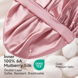 Umisleep 22 Momme 100% Mulberry Silk Inner Bonnet with Satin Outer, Double Layer Hair Care Bonnet for Long Curly Hair, Soft Elastic Band, Non-Slip Sleep Cap for Women, Pink
