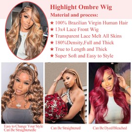 13x4 Body Wave Ombre Lace Front Wigs Human Hair for Women 180% Density HD Transparent Lace Front Honey Blonde Wig Human Hair Pre Plucked with Baby Hiar 4/27 Color Glueless Wigs Human Hair 22inch