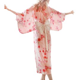 Women's Oiran-style Long Kimono Dress, Chiffon, Cherry Blossom, Japanese Style, Yukata, Cosplay, Obi Included, #04 Pink