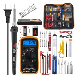 Soldador electrico REXQualis Kit de soldador, que incluye cautin soldador de temperatura ajustable, punta de soldador, multímetro, soporte, herramienta para desoldar y pelacables