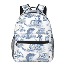 moremohome toile print backpack,coquette backpack,trendy backpack,aesthetic backpack,french style blue and white backpack,backpack for women,11.4 * 7.8 * 15.7 inches,01