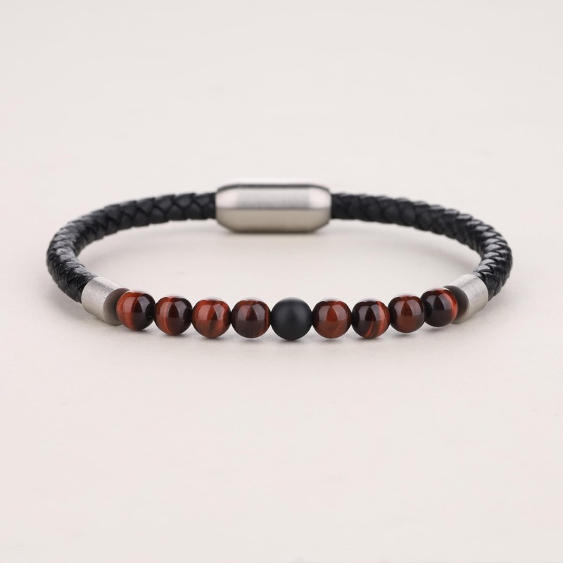 COAI Men's Leather Onyx Red Tiger Eye Stone Beaded Bracelet