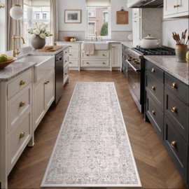 PureCozy Gray Runner Rug 3x8 Hallway Machine Washable Kitchen Vintage Distressed Non Slip Long Carpet Indoor Grey Retro Floral Bedroom Accent Throw Rug for Bathroom Office Laundry Dining Living Room