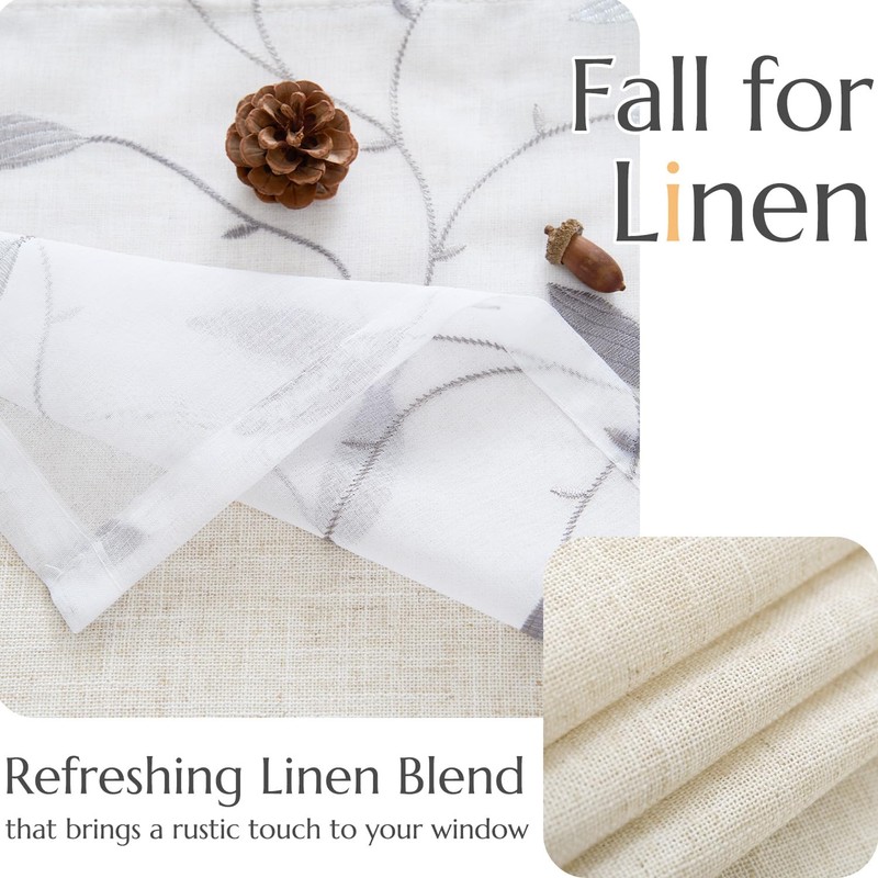 jinchan White Sheer Valance for Window Gray Leaf Embroidered Valance