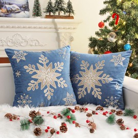 Lewondr 18 x 18 Inches Pack of 2 Christmas Throw Pillow Covers, Soft Velvet Decorative Throw Pillow Cases with Embroidery Snowflakes for Couch Sofa Square Pillow Covers for Winter Holiday, Blue