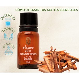 OLEUM VITAE. Aceite Esencial de Sándalo. Santalum Album. 100% Puro y Orgánico. Certificado USDA ORGANIC. Apliacción Aromática, Interna y Externa.15ml