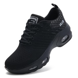 Womens Runnig Trainers Air Cushion Arch Support Memory Foam Mesh Cushioned Comfort Lace-up Tennis Walking Sneakers All Black UK 5