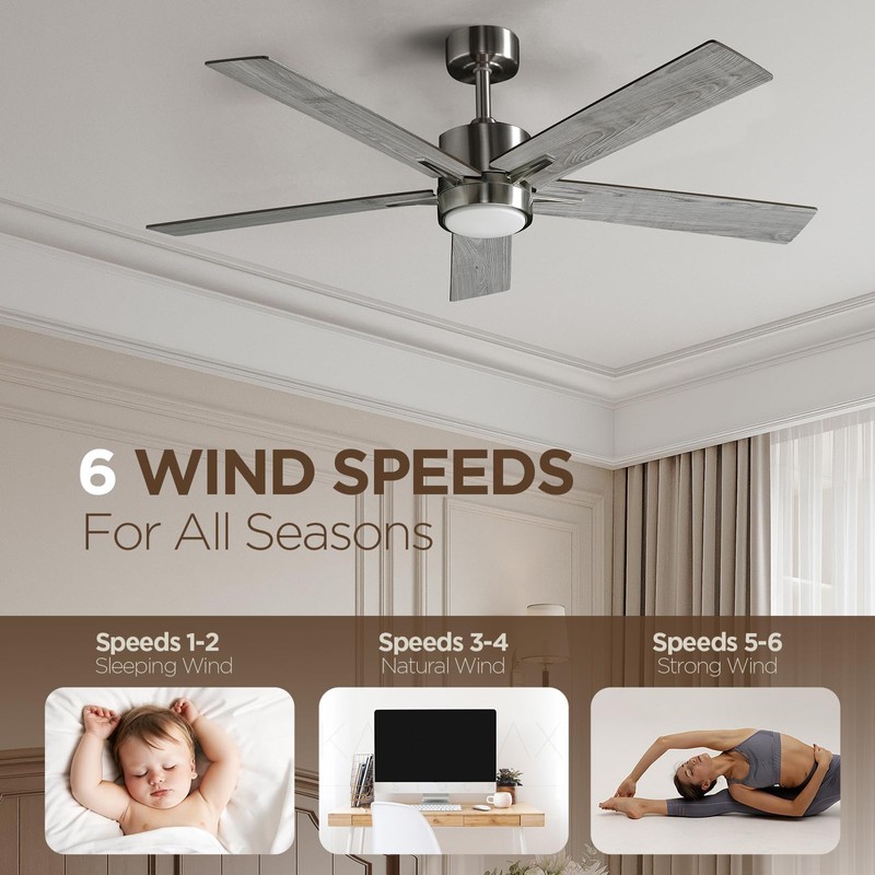 Vagizm 52 Inch Ceiling Fan Brushed Nickel Remote Controlled Dimmable