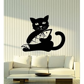 Vinyl Wall Decal Fisherman Cat and Fish Pet Animal Fishing Club Stickers Mural Large Decor (g7526) Black