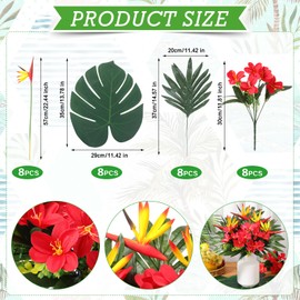 Hotop 8 Set/ 32 Pcs Artificial Tropical Flower Bouquets Bulk for Hawaii Centerpieces Bird of Paradise Lily Bouquet Permanent Flower Tropical Imitation Plant for Party Office Home Decor (Bright Red)