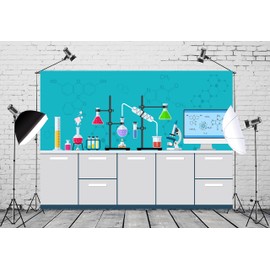 BELECO Chemical Science Birthday Party Backdrop 2.1x1.5m Fabric Cartoon Chemistry Lab Equipment Science Research Background for Kids Science Party Decorations Mad Scientist Party Banner Photo