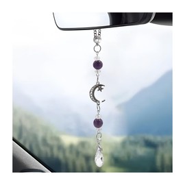 SHMZK Rear View Mirror Car Charms, Crystal Moon Star Obsidian Rearview Mirror Hanging Ornament, Boho Mirror Pendant Suncatcher Healing Bead Car Decor for Women Men, Car Accessories (Purple)