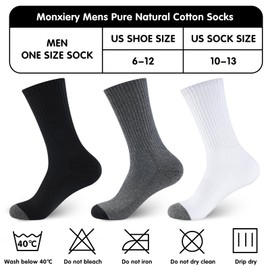 Mens 100% Cotton Cushioned Crew Socks, Athletic Performance Moisture Wicking Work socks