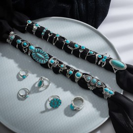 Vintage Silver Knuckle Rings Set for Women Western Turquoise Rings Bohemian Midi Ring Bulk, Chunky Rings,Retro Stone Crystal Stackable Joint Finger Ring Pack