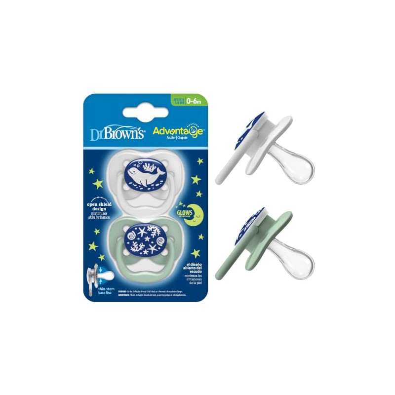 Dr. Brown's Advantage Glow-in-The-Dark 2 Piece Stage 1 Pacifiers, Blue,