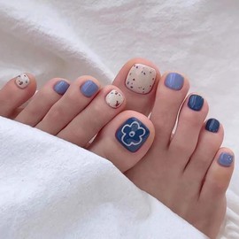 Flower Press on Toenails Gradient Blue Fake Toe Nails Short Square Full Cover White Wave Point Designs Fake Nails with Glue File False Gel Toes Nails Tips Sets for women Teens Girls Colour Decoration