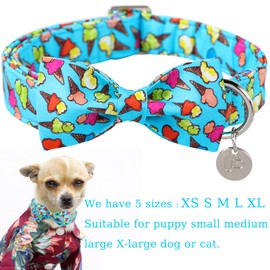 UP URARA PUP Summer Dog Collar with Bow Tie, Cotton Cute Bowtie Dog Collar, Summer Bowtie Collar for Large Boy Girl Dog, Comfortable Blue Dog Collar with Metal Buckle, L