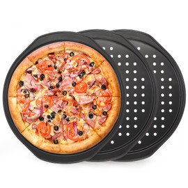 TOPZEA 3 Pack Pizza Tray for Oven, 12 Inch Non-Stick Carbon Steel Pizza Pans with Holes & Handles, Crisper Pans Round Cookie Baking Sheets Pie Plate Perforated Bakeware for Home, Restaurant