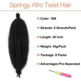 Mscat 20 Inch Pre-Separated Springy Afro Twist Hair 8 Packs Natural Black Marley Twist Crochet Braiding Synthetic Hair Extensions (8 Strands/Pack,1B#)