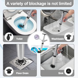 MEKOTRIN Toilet Plunger, High Pressure Drain Clog Remover, Sink Plunger Blaster Plumbing Tools with Real-Time Barometer for Bathroom Sink Floor Kitchen Clogged, Stainless Steel(Gray)