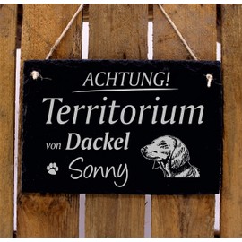 Dachshund Sign, Customisable Engraved - Achtung ! Territory von .. Slate Warning Sign Dog Door Sign 22 x 16 cm | Dekolando