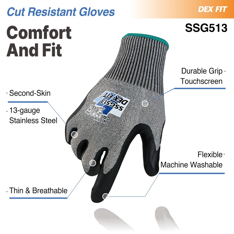 DEX FIT SSG513 Stainless Steel Cut Resistant Gloves, ANSI A5,