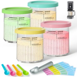 4 Pack Creami Deluxe Pints & Lids for Ninja, 24 Oz Compatible with NC500 NC501 Series Ice Cream Makers, with 5 Spoons & 64 Writable Labels, BPA-Free & Dishwasher Safe, 4 Color Lids