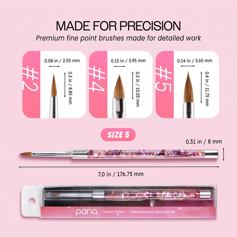 PANA 3D Kolinsky Nail Art Brush - Pink Glitter Handle,