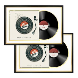 FramePro Record Frame with 2 Double Sided Mats (White over Gold), Jukebox Record Album Frames for 12x12 LP Covers, Vinyl Record Display, Black Picture Frame with Gold Trim, Pack of 2