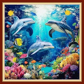 Joyhoor Cross Stitch Kits for Beginners Stamped Cross-Stitch Supplies Needlework preprint Embroidery Kits for Adults DIY Needlepoint Kits Embroidery Patterns 11CT-Underwater World 18x18 inchs