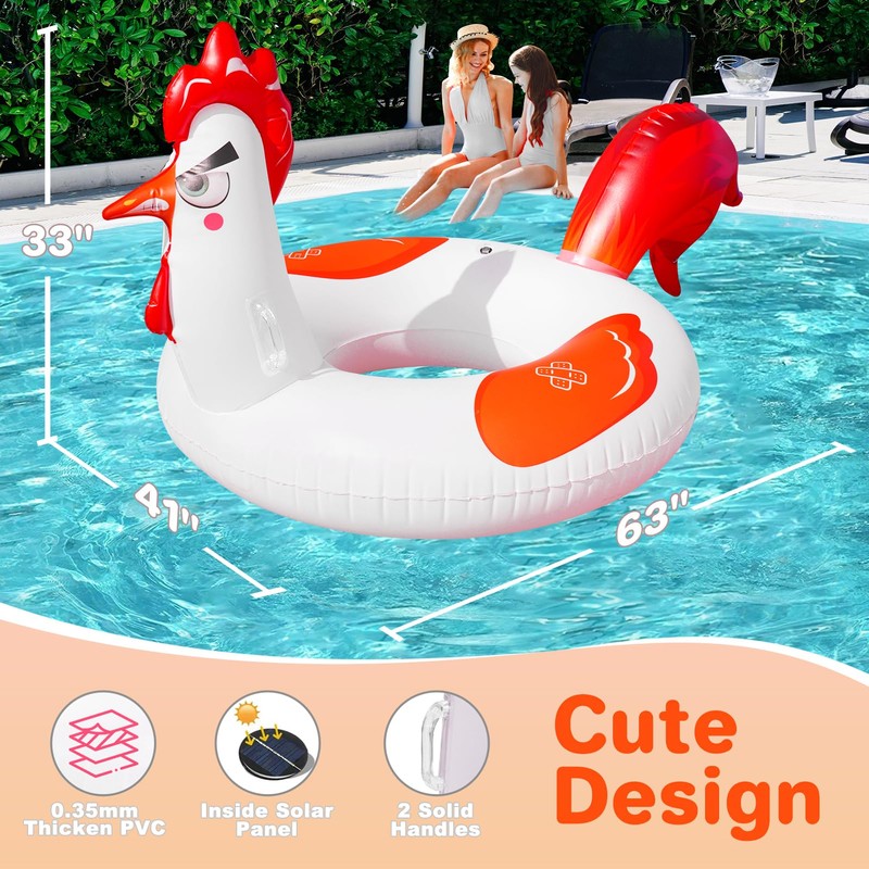 Junbig Inflatable Pool Floats with Lights, 63" Chicken Pool Floaties