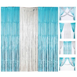 Extra Wide Blue Silver Foil Fringe Curtains, 9.9x6.5ft Birthday Decorations for Entrance Window,Metallic Streamers, Photo Booth Backdrop for Wedding Engagement Bridal Shower-3 packs each 3.3 x 6.5 ft