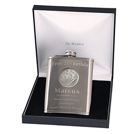 21st Birthday Engraved Hip Flask with Rugby Feature in Gift Box