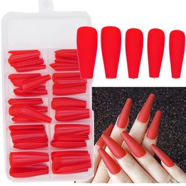 AddFavor 100pcs Coffin Fake Nails Full Cover Long Press on Nails Pure Color Matte Acrylic False Nail Tips for Women and Girls (Red)