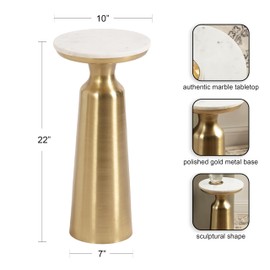 Kate and Laurel Cardina Glam Marble Round Drink Table, 10 x 10 x 22, White Marble and Gold, Modern Marble Top Circle Mini Table for Use as a Small Bedroom Nightstand or Living Room Plant Stand Option